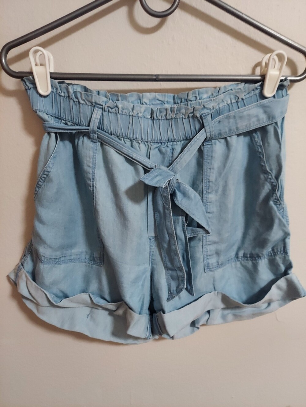aerie Light Blue Paperbag Waist Tie-Front Jean Shorts